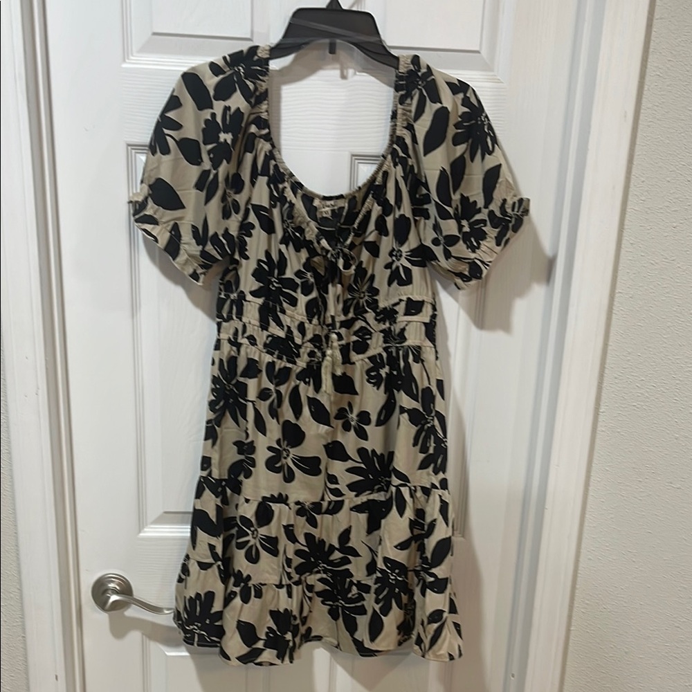 Blush Black and Cream Cut Out Mini Dress with Puff Sleeves